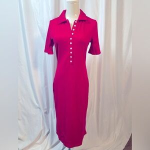 Red women's collar vneck short sleeve button up ribbon knit bodycon dress SMALL